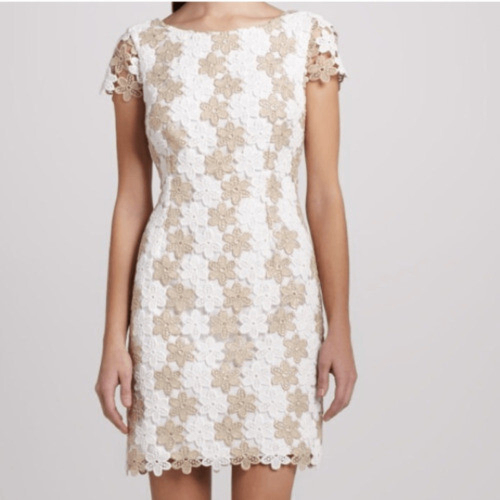 Lilly Pulitzer White Gold Floral Barbara Dress Lace Crochet Shift Womens Size 10 - Picture 3 of 16